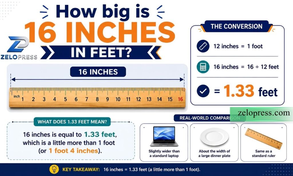 How big is 16 inches in feet